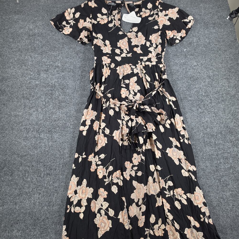 Angie Womens Maxi Romper Dress Size S Black Floral Split Front Shorts NWT